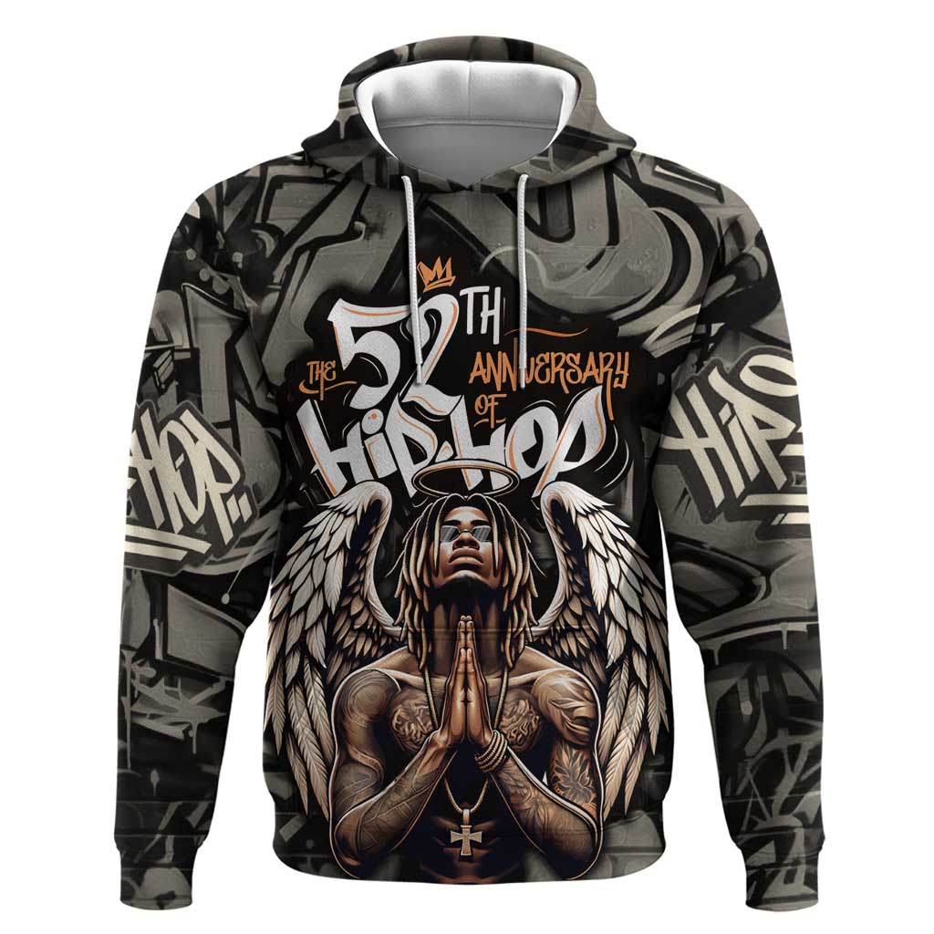 52th Anniversary Of Hiphop Celebration Hoodie with Praying Angel Graphic and Urban Graffiti Background TS04