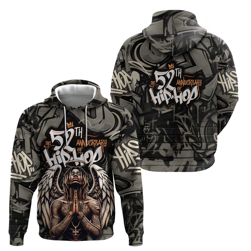 52th Anniversary Of Hiphop Celebration Hoodie with Praying Angel Graphic and Urban Graffiti Background TS04