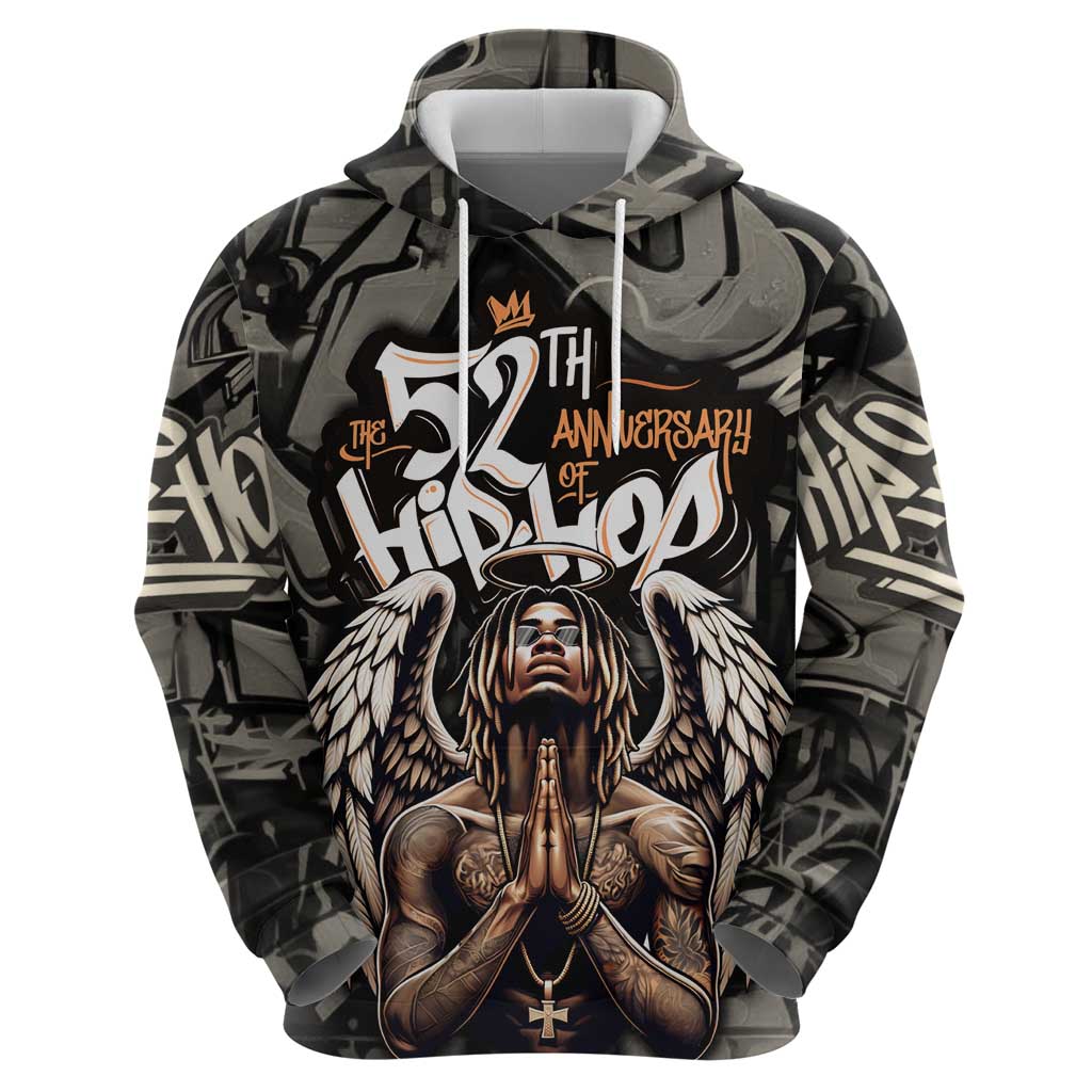 52th Anniversary Of Hiphop Celebration Hoodie with Praying Angel Graphic and Urban Graffiti Background TS04