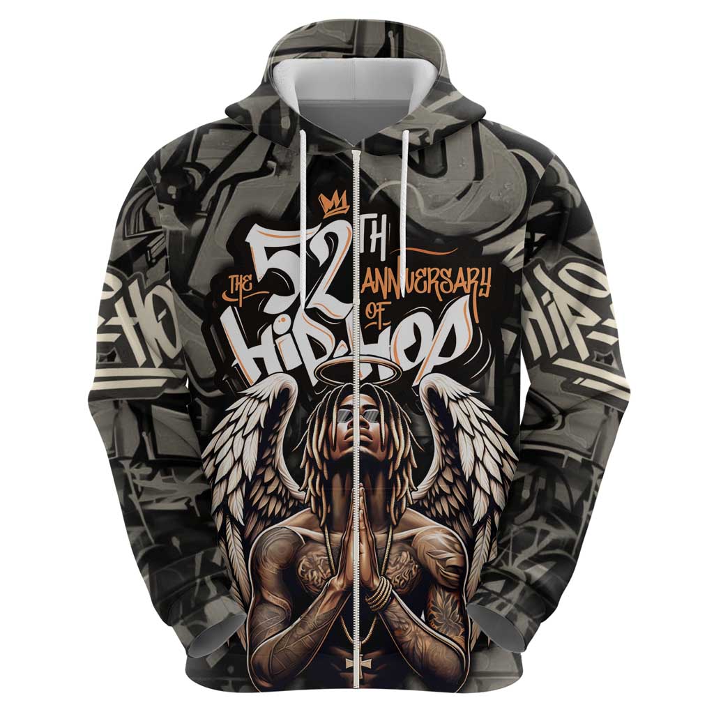 52th Anniversary Of Hiphop Celebration Hoodie with Praying Angel Graphic and Urban Graffiti Background TS04