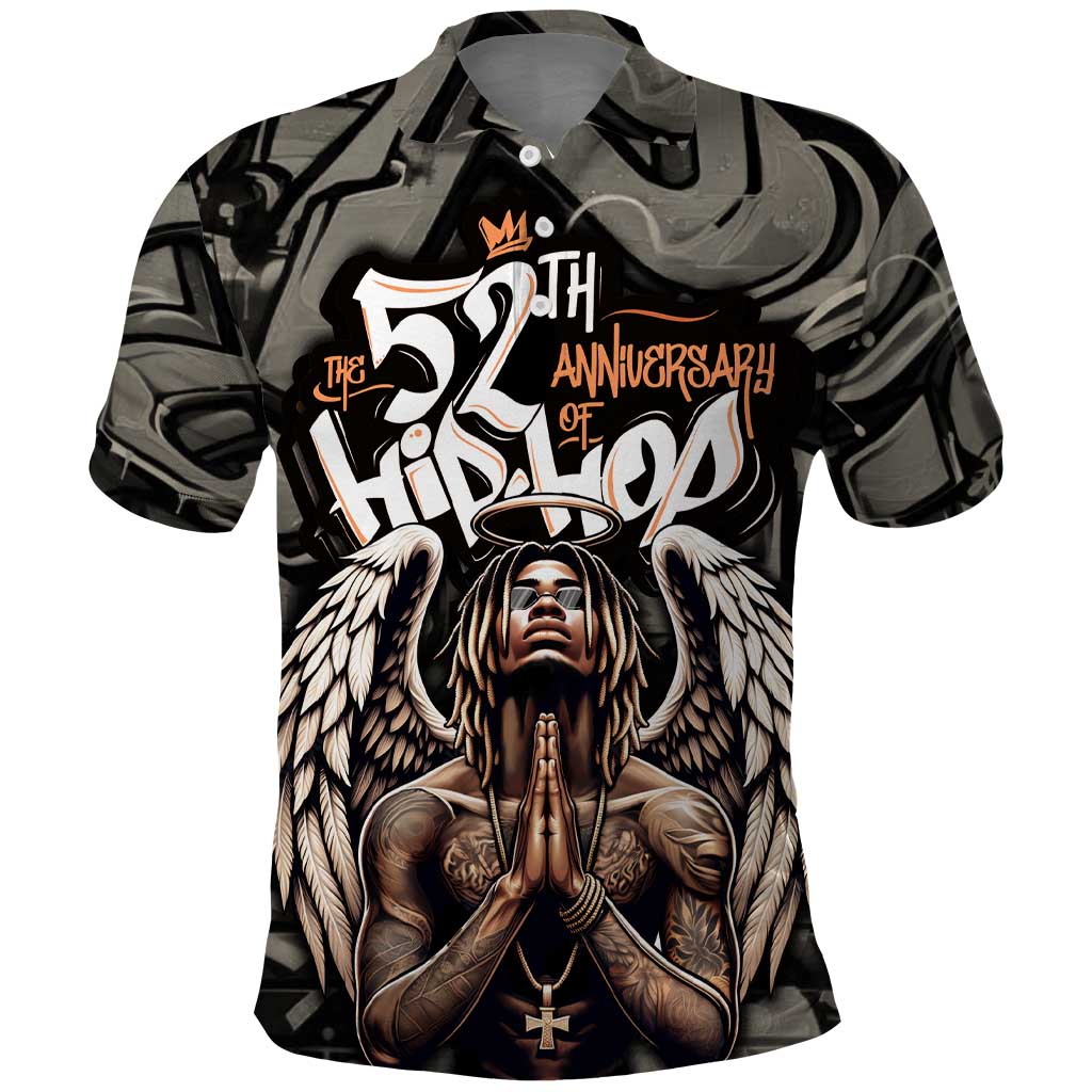52th Anniversary Of Hiphop Celebration Polo Shirt with Praying Angel Graphic and Urban Graffiti Background TS04