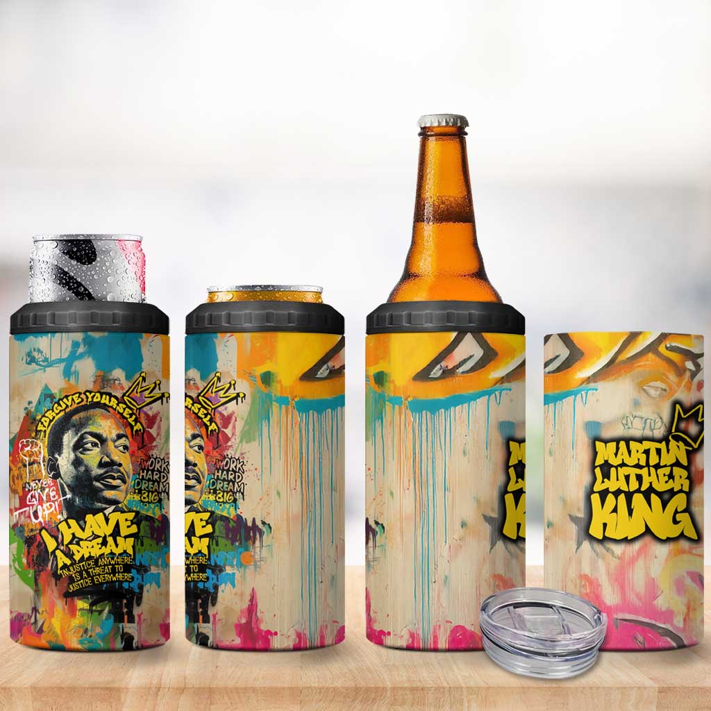 Martin Luther King Graffiti Afro 4 in 1 Can Cooler Tumbler Colorful Spray Paint Quotes and Crown TS04