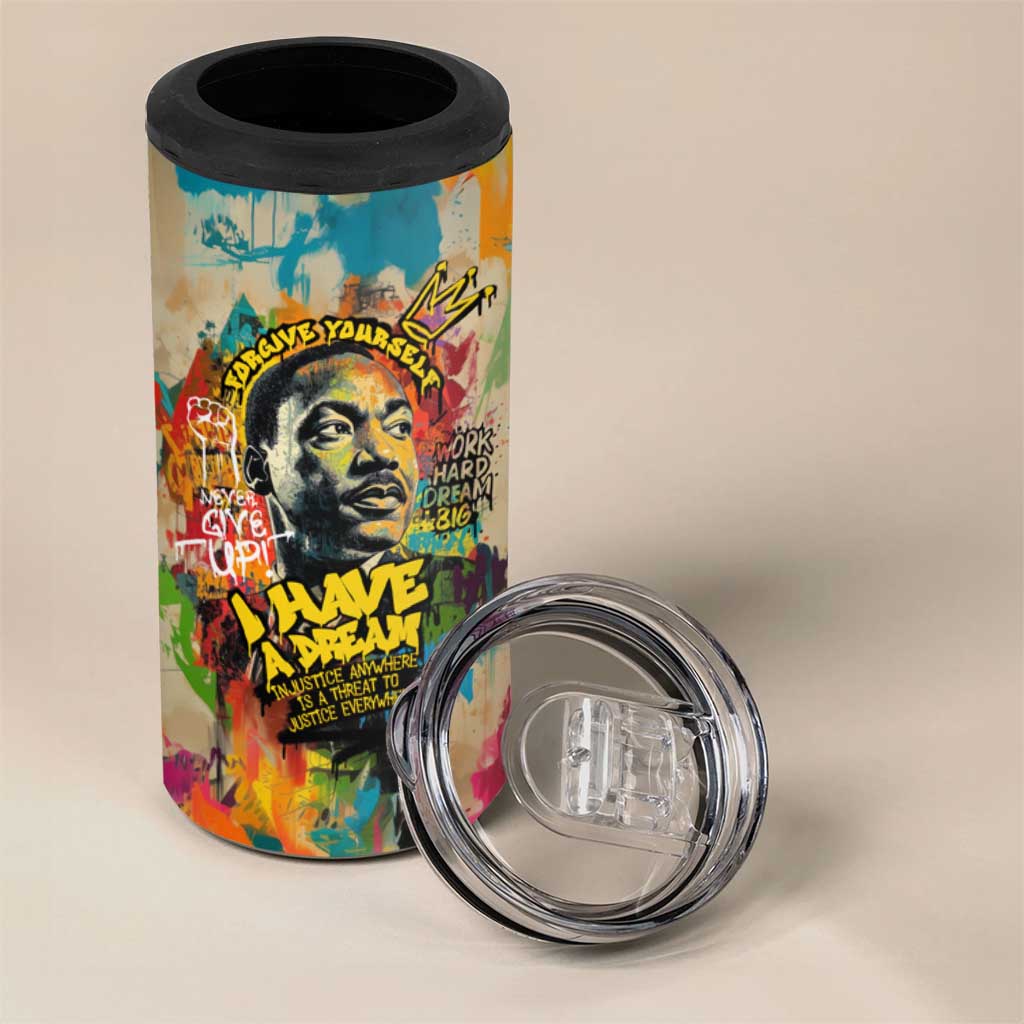 Martin Luther King Graffiti Afro 4 in 1 Can Cooler Tumbler Colorful Spray Paint Quotes and Crown TS04