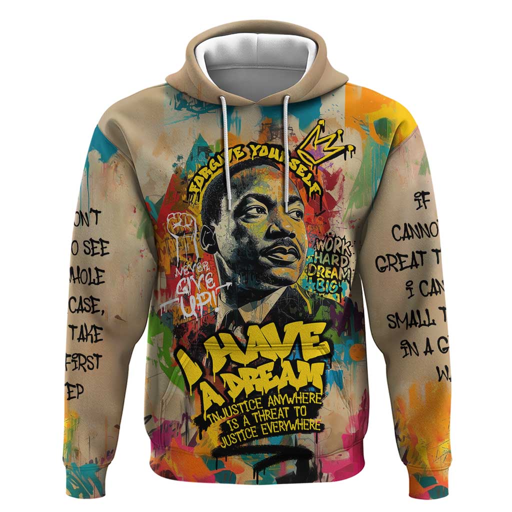 Martin Luther King Graffiti Style Graphic Hoodie with Colorful Spray Paint Quotes and Crown Detail TS04