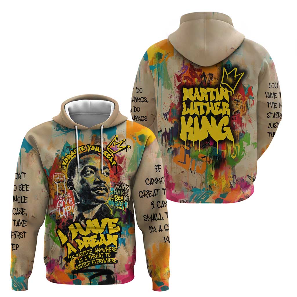 Martin Luther King Graffiti Style Graphic Hoodie with Colorful Spray Paint Quotes and Crown Detail TS04