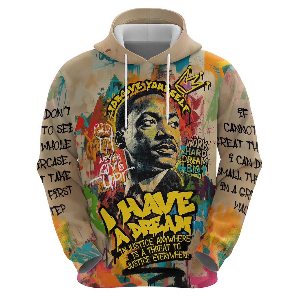 Martin Luther King Graffiti Style Graphic Hoodie with Colorful Spray Paint Quotes and Crown Detail TS04