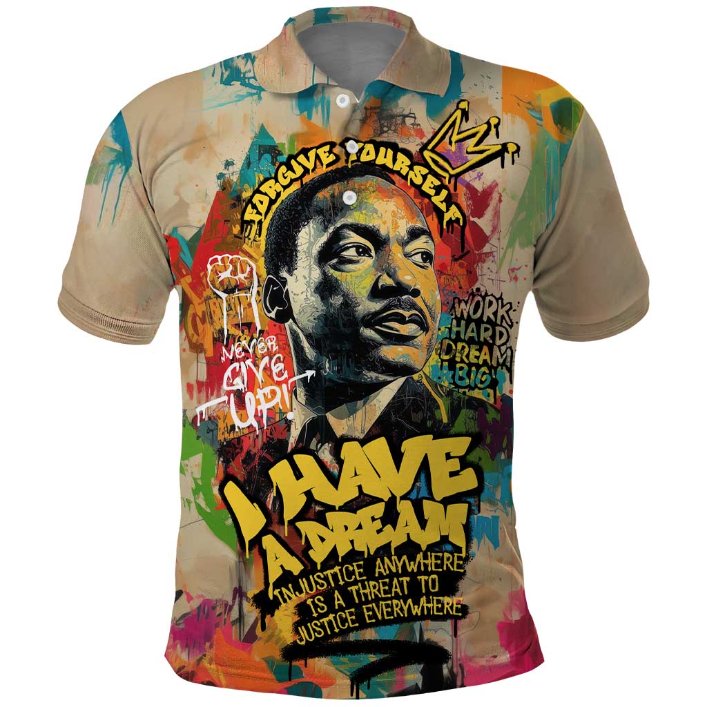 Martin Luther King Graffiti Style Graphic Polo Shirt with Colorful Spray Paint Quotes and Crown Detail TS04