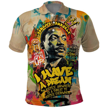 Martin Luther King Graffiti Style Graphic Polo Shirt with Colorful Spray Paint Quotes and Crown Detail TS04