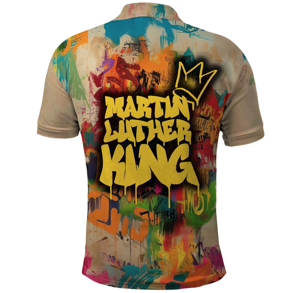 Martin Luther King Graffiti Style Graphic Polo Shirt with Colorful Spray Paint Quotes and Crown Detail TS04