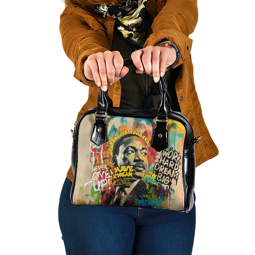 Martin Luther King Graffiti Style Graphic Shoulder Handbag with Colorful Spray Paint Quotes and Crown Detail TS04