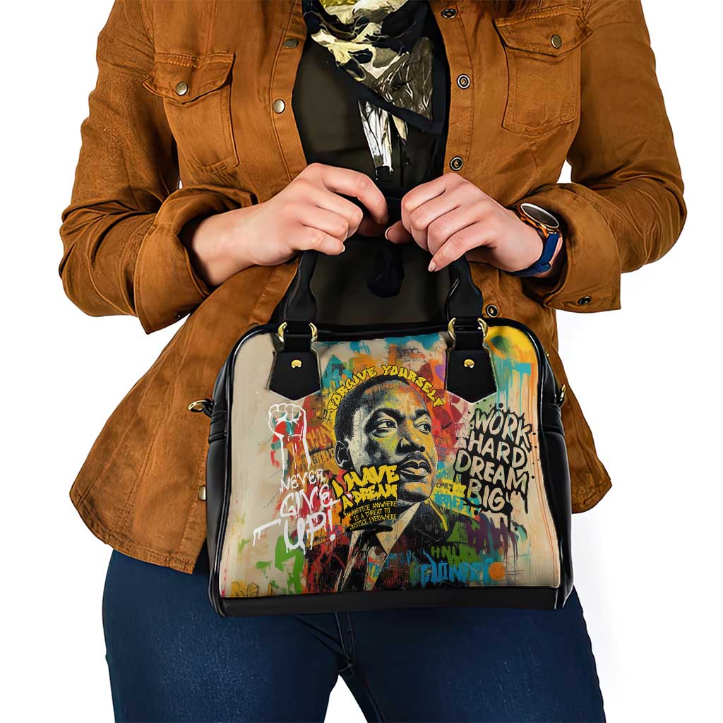 Martin Luther King Graffiti Style Graphic Shoulder Handbag with Colorful Spray Paint Quotes and Crown Detail TS04
