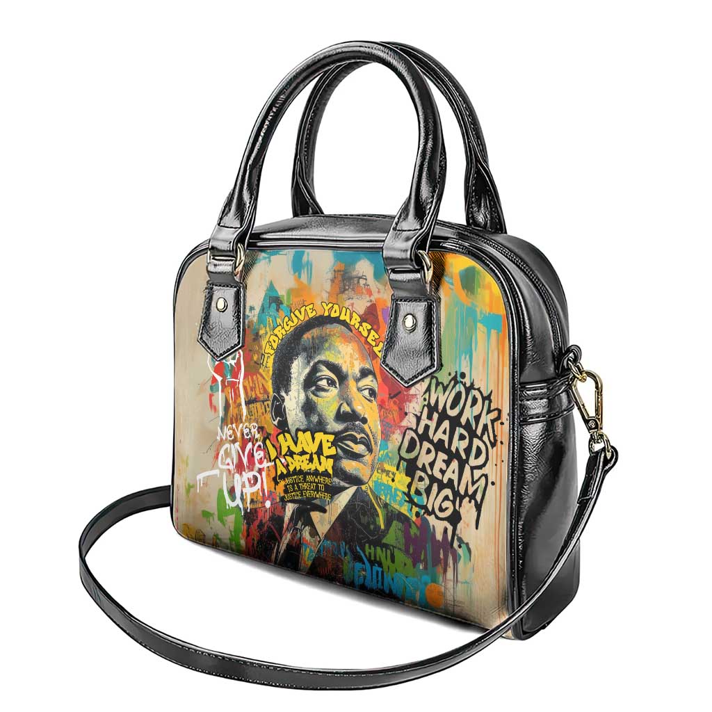 Martin Luther King Graffiti Style Graphic Shoulder Handbag with Colorful Spray Paint Quotes and Crown Detail TS04