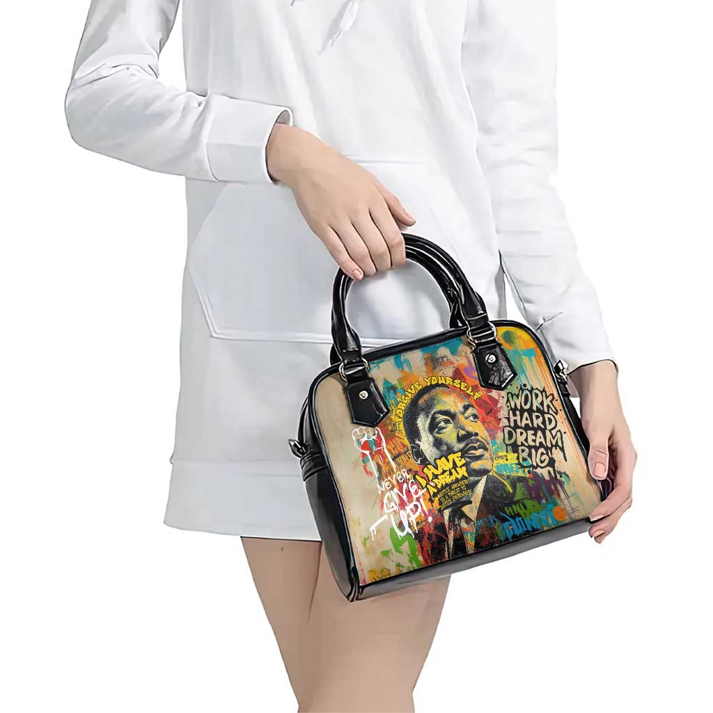 Martin Luther King Graffiti Style Graphic Shoulder Handbag with Colorful Spray Paint Quotes and Crown Detail TS04