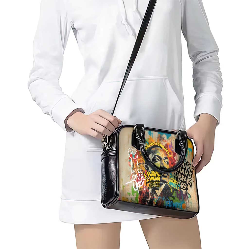 Martin Luther King Graffiti Style Graphic Shoulder Handbag with Colorful Spray Paint Quotes and Crown Detail TS04