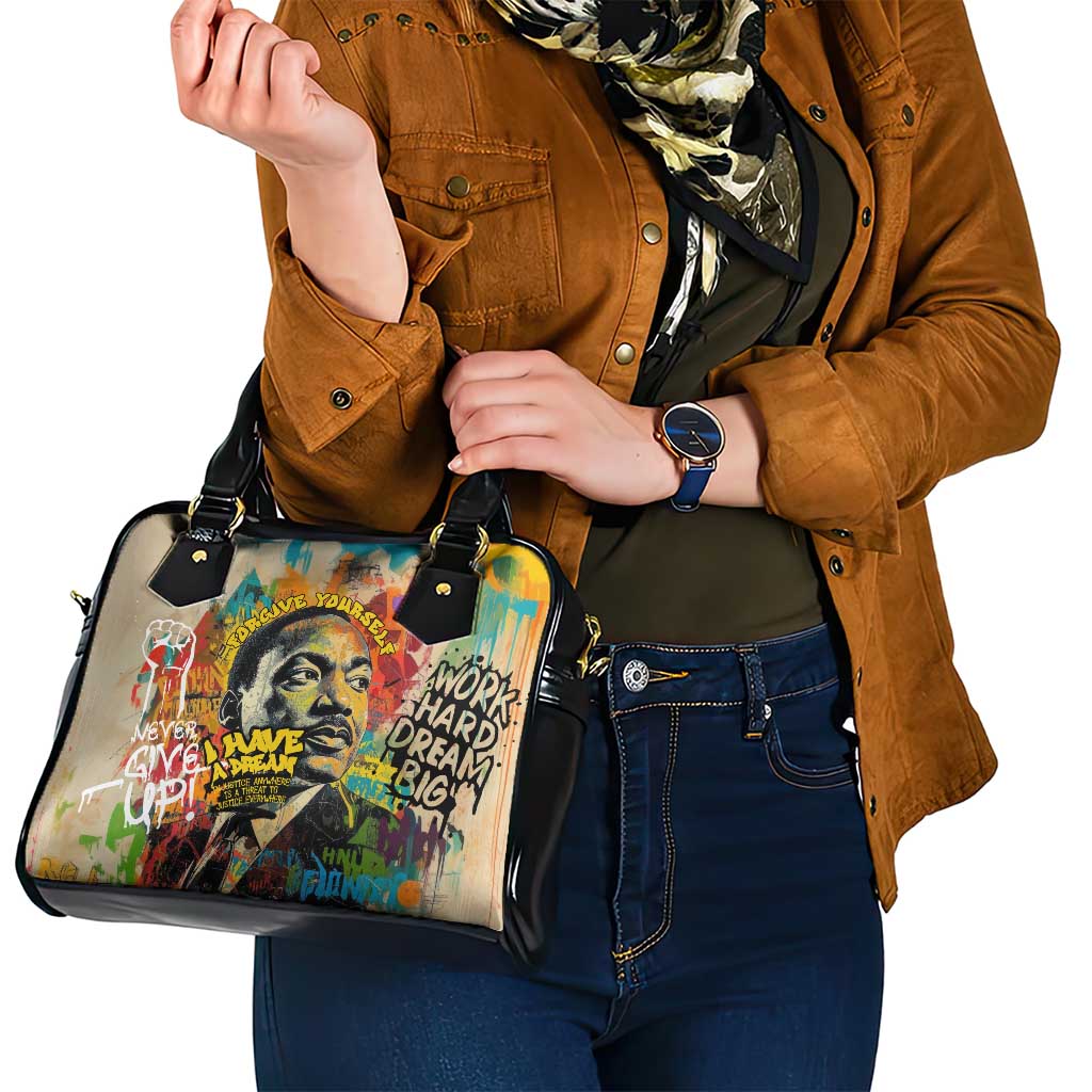 Martin Luther King Graffiti Style Graphic Shoulder Handbag with Colorful Spray Paint Quotes and Crown Detail TS04