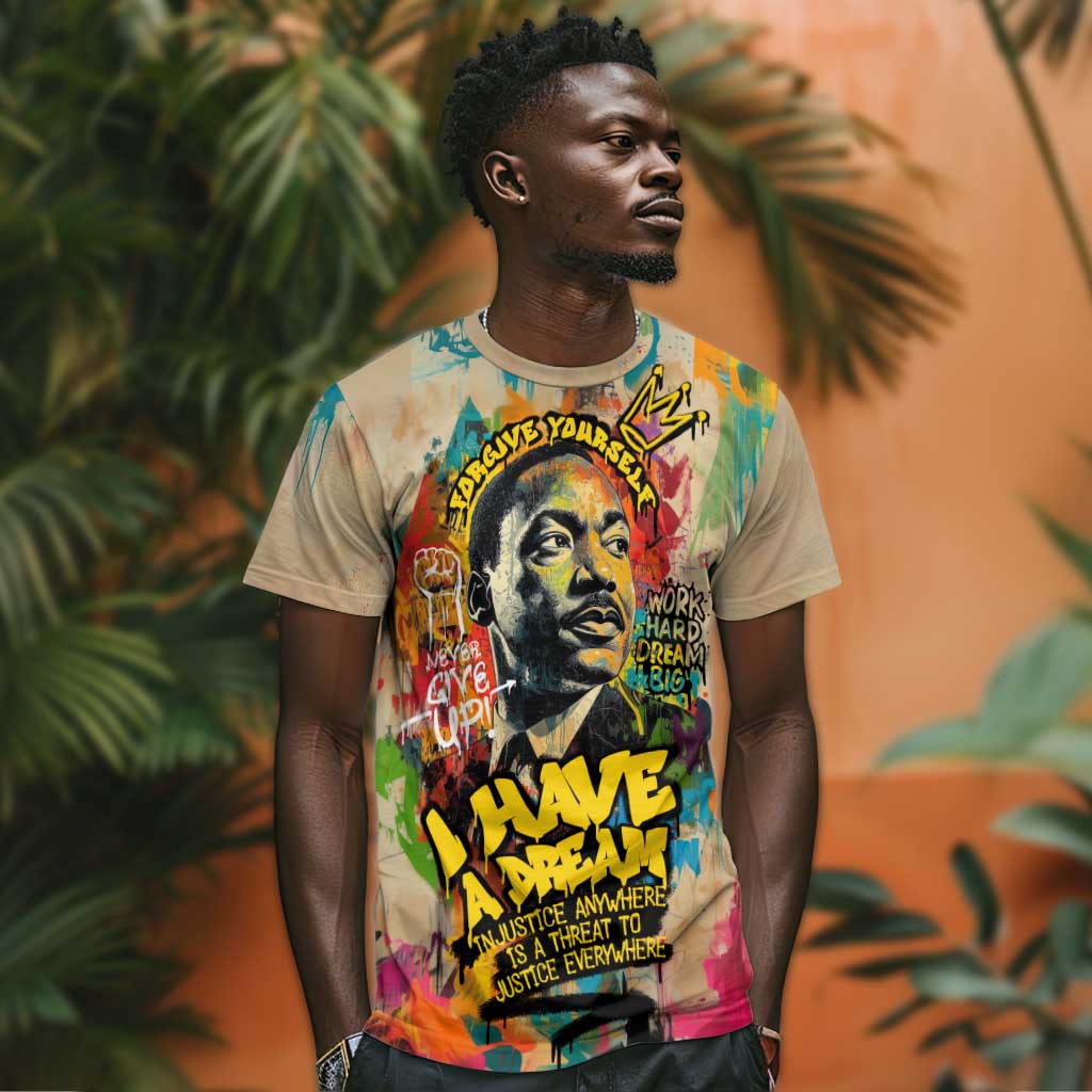Martin Luther King Graffiti Afro T shirt Colorful Spray Paint Quotes and Crown TS04