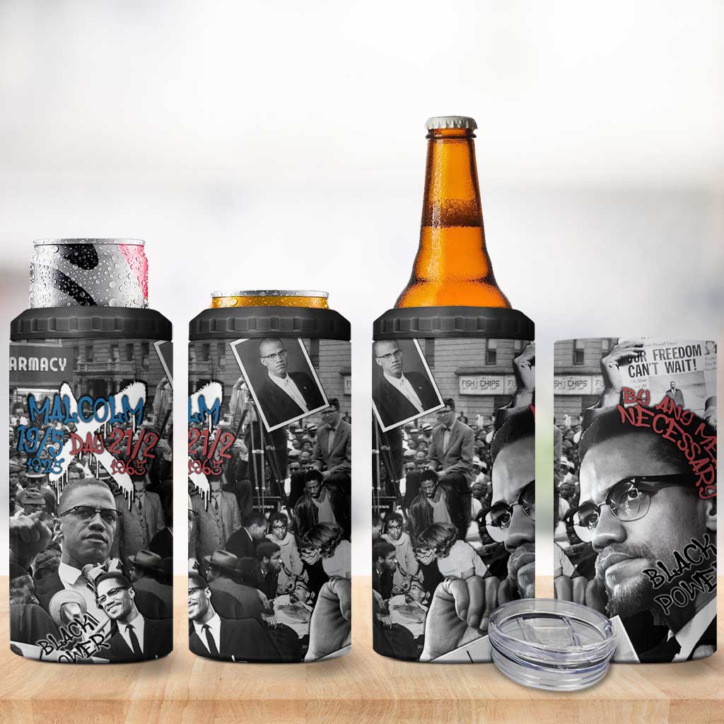 Afro Malcolm X 4 in 1 Can Cooler Tumbler Quotes Dates and Black History Activist Theme TS04