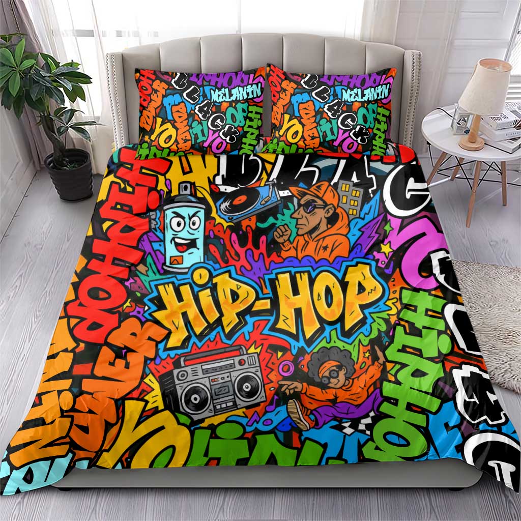 Hip Hop Graffiti African Bedding Set Black Melanin Text and Urban Street Art TS04