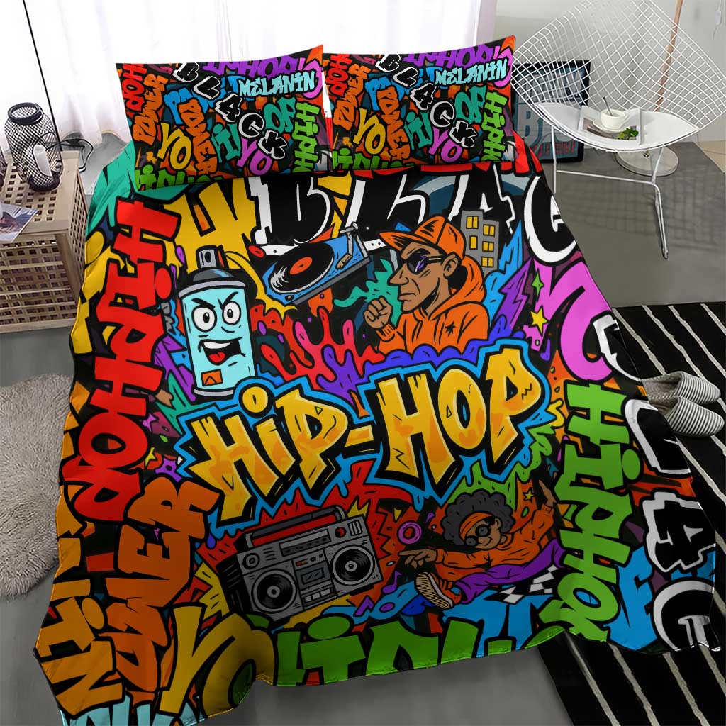 Hip Hop Graffiti African Bedding Set Black Melanin Text and Urban Street Art TS04