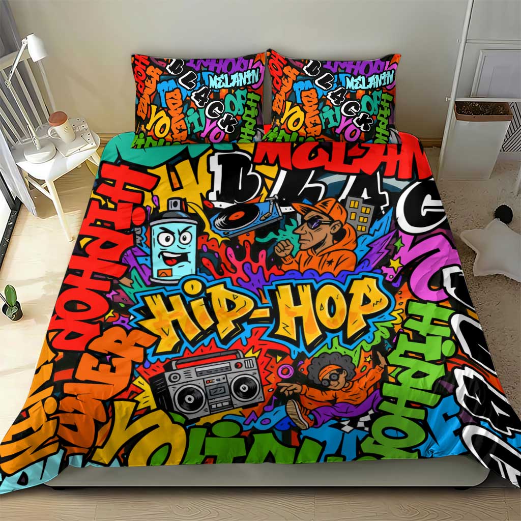 Hip Hop Graffiti African Bedding Set Black Melanin Text and Urban Street Art TS04