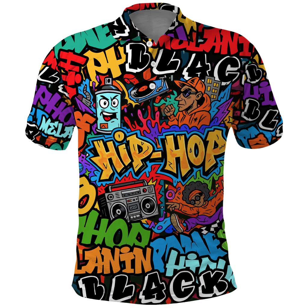 Hip Hop Graffiti Style Polo Shirt Black Melanin Text and Urban Street Art Design TS04
