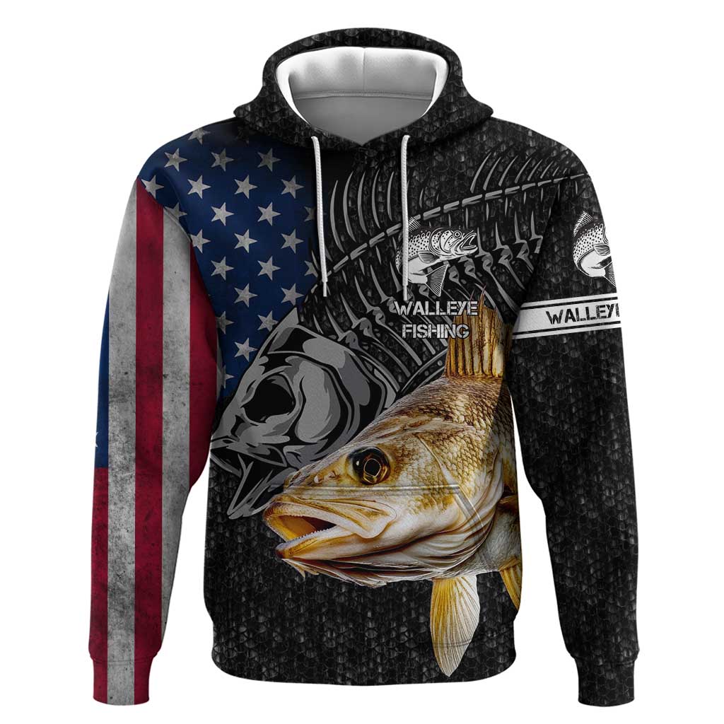 Walleye Fishing Skeleton Personalized Hoodie Grunge American Flag and Realistic Fish Graphic TS04