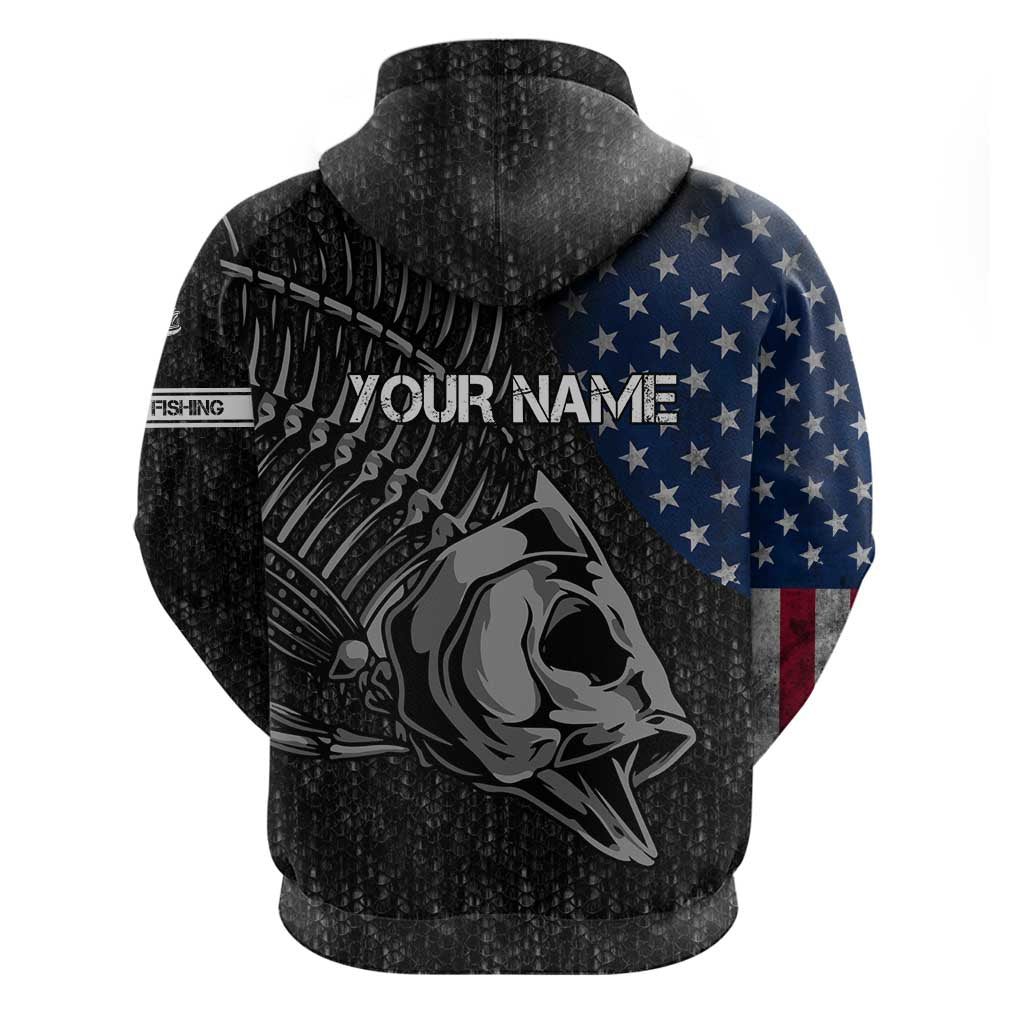 Walleye Fishing Skeleton Personalized Hoodie Grunge American Flag and Realistic Fish Graphic TS04