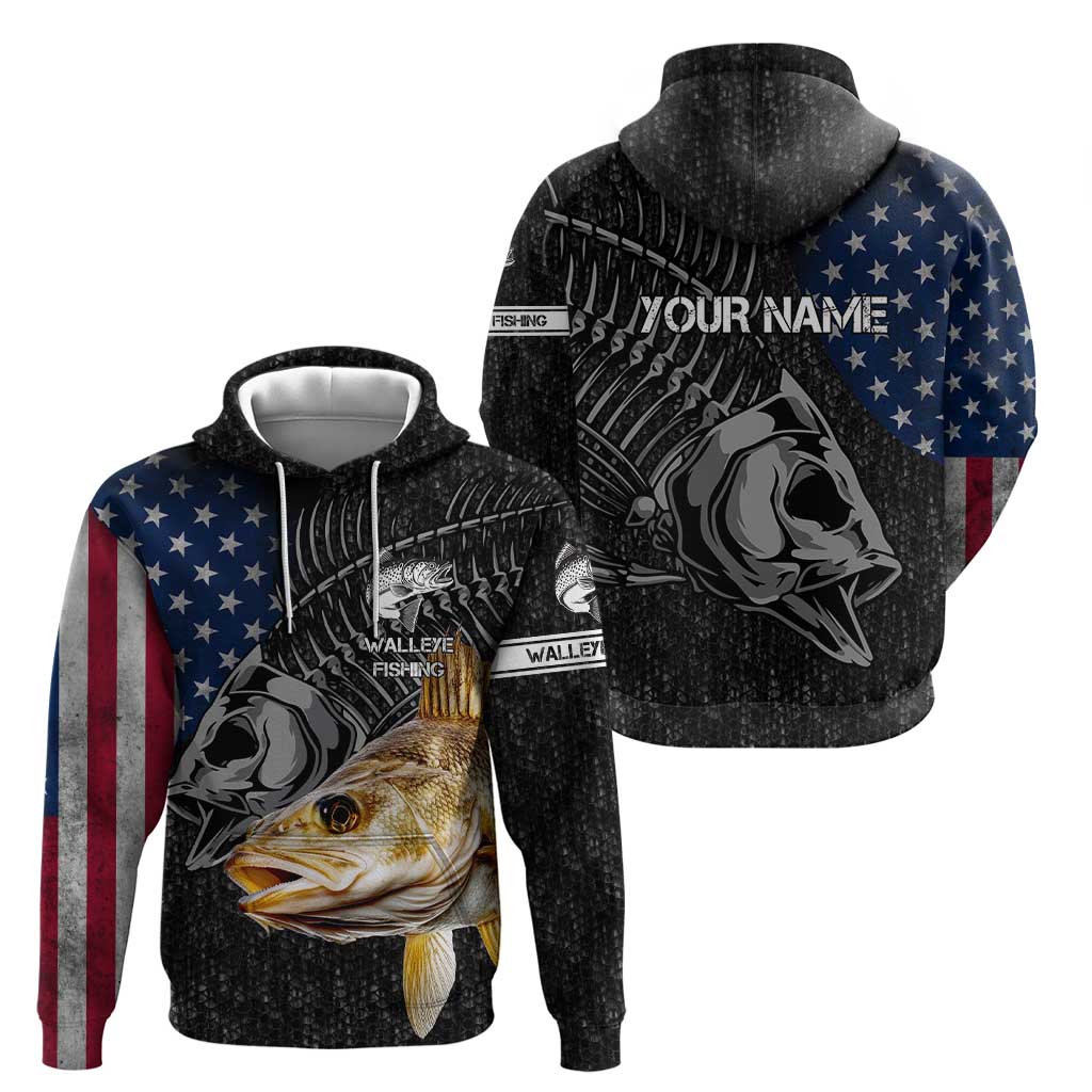 Walleye Fishing Skeleton Personalized Hoodie Grunge American Flag and Realistic Fish Graphic TS04