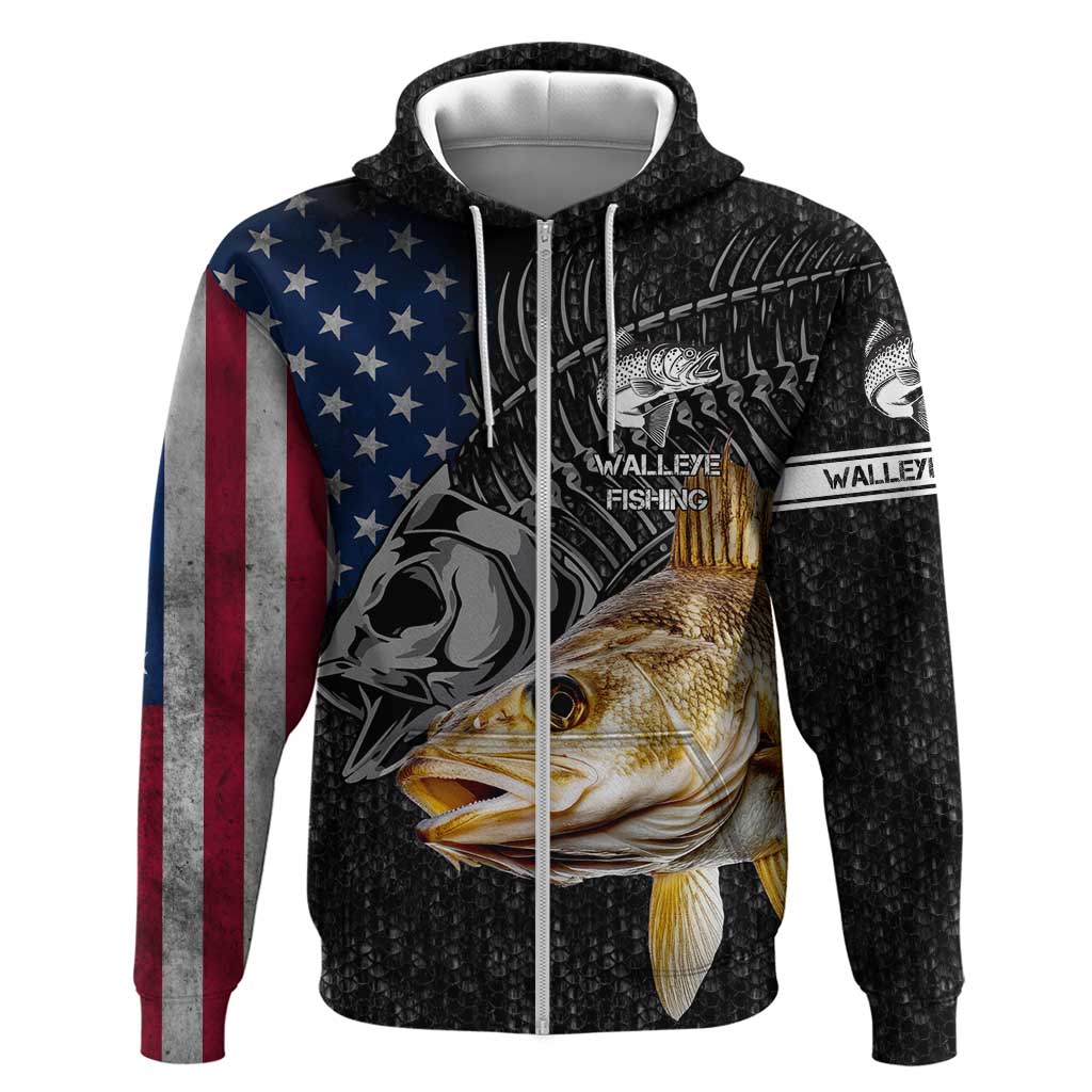 Walleye Fishing Skeleton Personalized Hoodie Grunge American Flag and Realistic Fish Graphic TS04