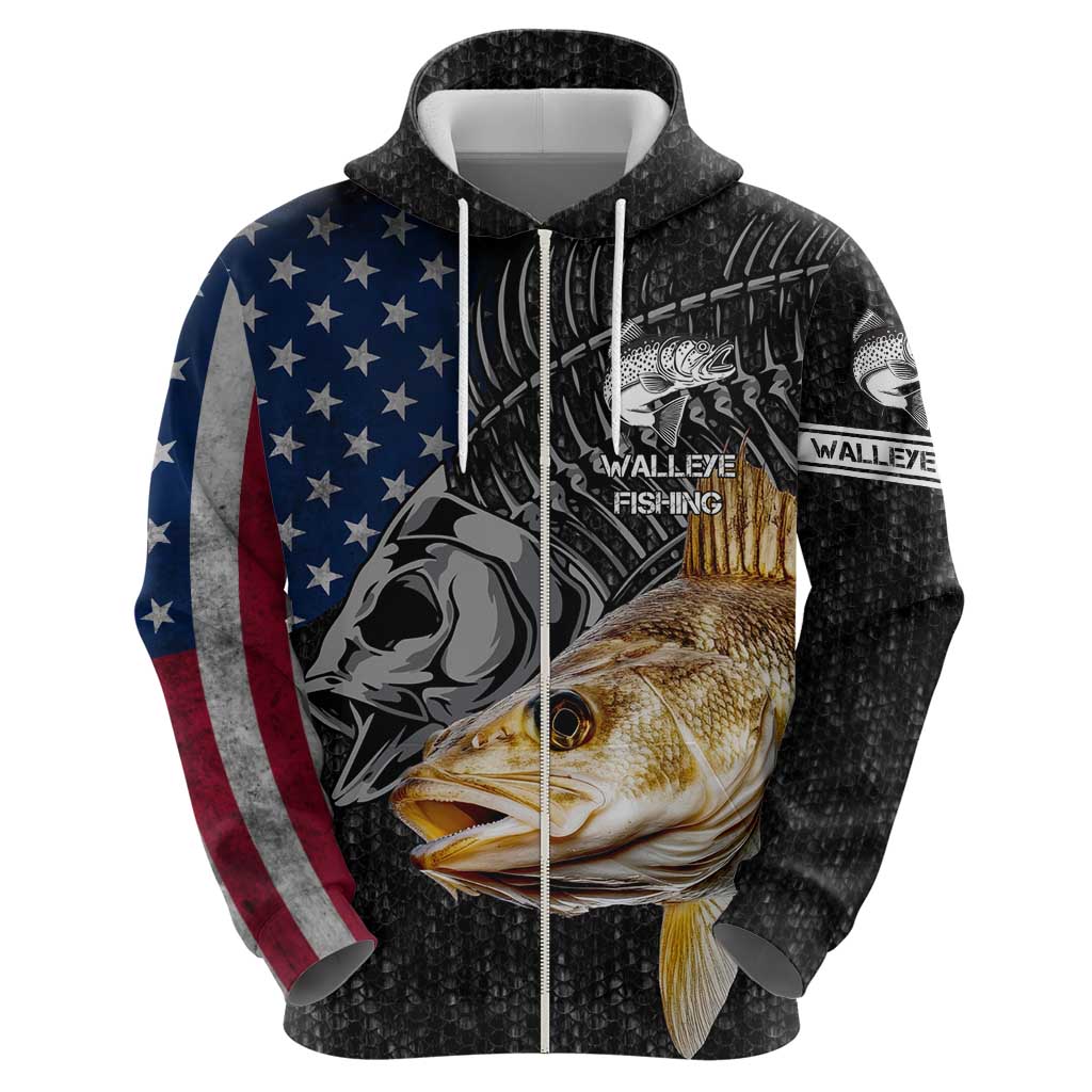 Walleye Fishing Skeleton Personalized Hoodie Grunge American Flag and Realistic Fish Graphic TS04