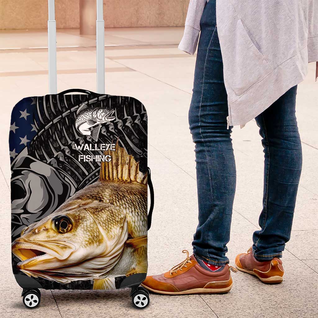 Walleye Fishing Skeleton Personalized Luggage Cover Grunge American Flag and Realistic Fish Graphic TS04