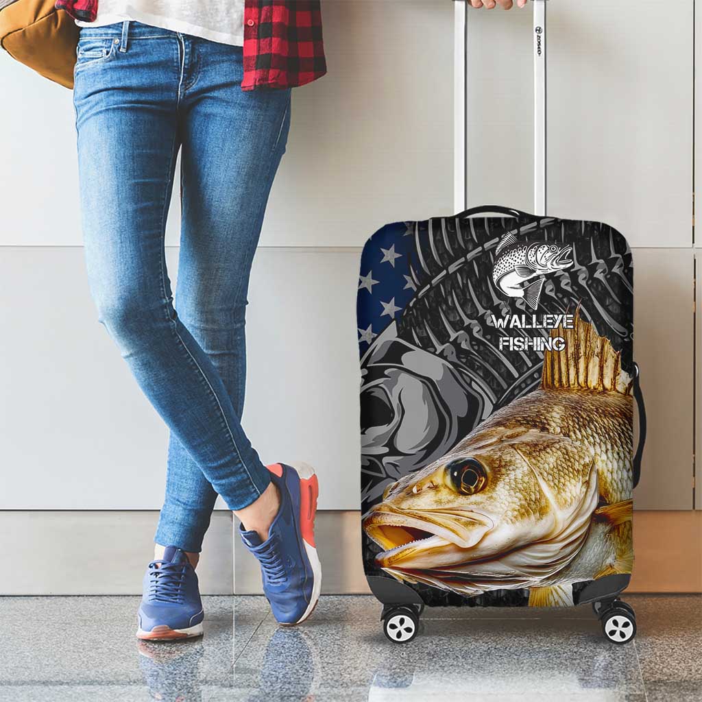 Walleye Fishing Skeleton Personalized Luggage Cover Grunge American Flag and Realistic Fish Graphic TS04