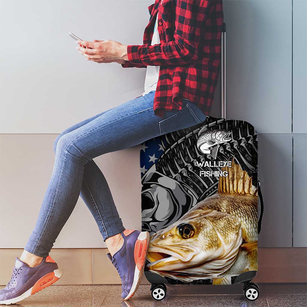 Walleye Fishing Skeleton Personalized Luggage Cover Grunge American Flag and Realistic Fish Graphic TS04