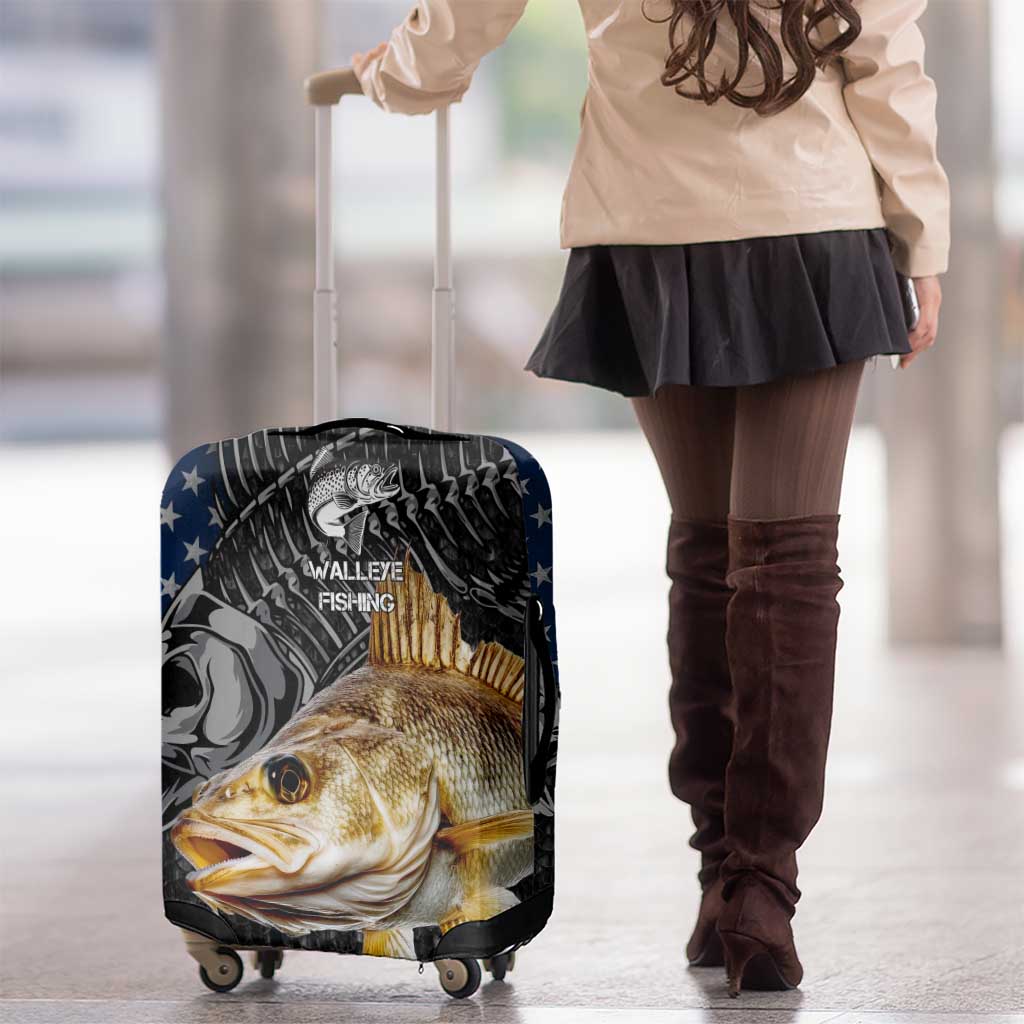Walleye Fishing Skeleton Personalized Luggage Cover Grunge American Flag and Realistic Fish Graphic TS04