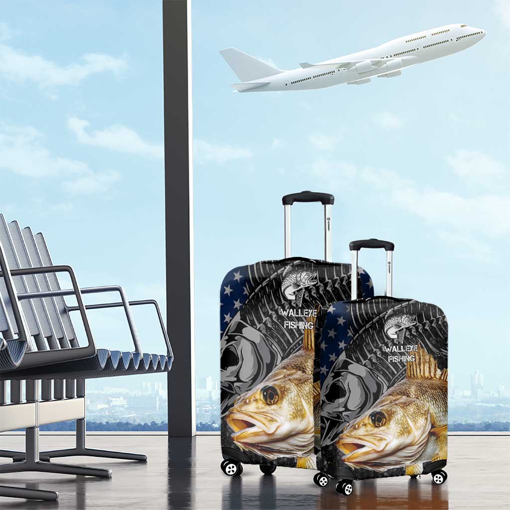 Walleye Fishing Skeleton Personalized Luggage Cover Grunge American Flag and Realistic Fish Graphic TS04