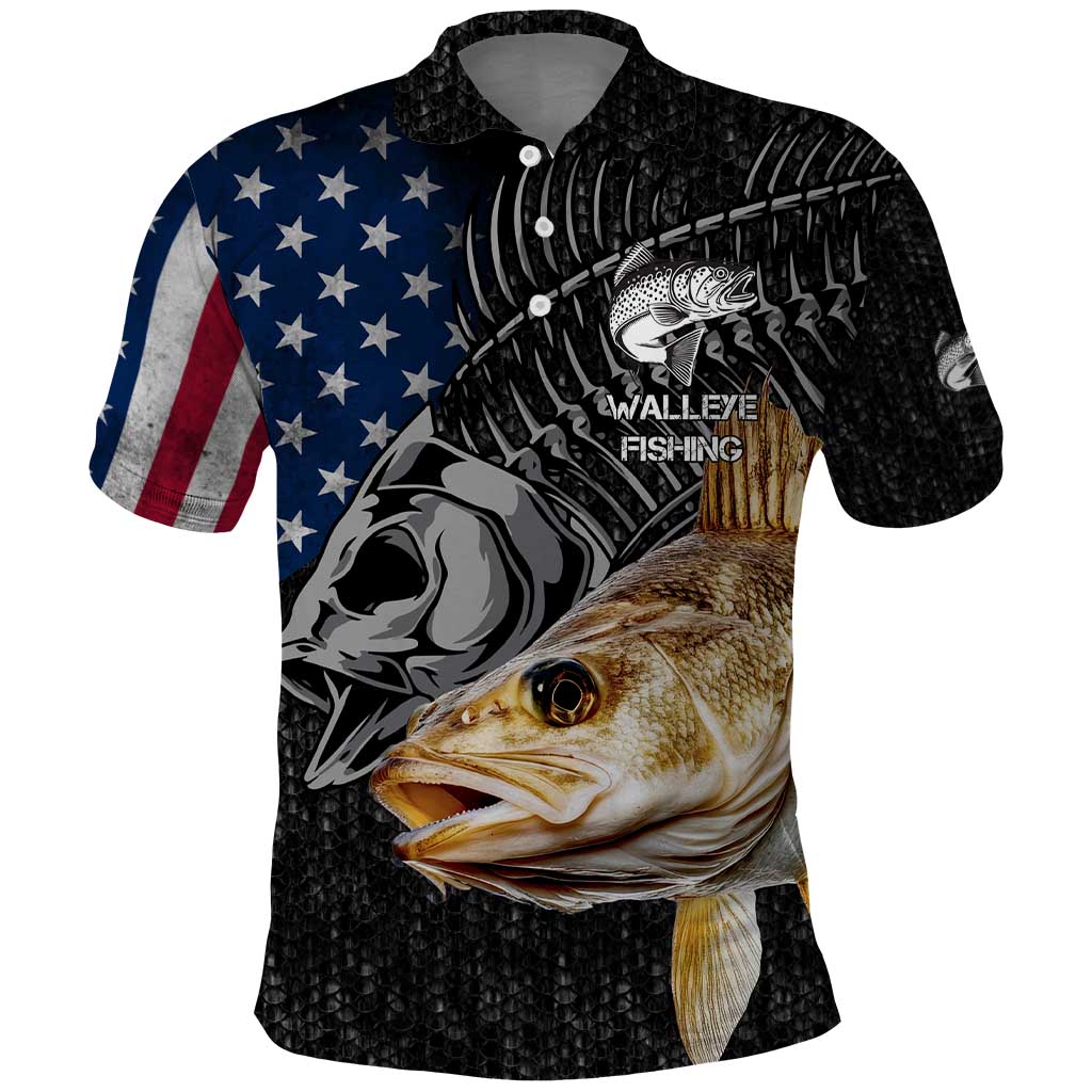 Walleye Fishing Skeleton Personalized Polo Shirt Grunge American Flag and Realistic Fish Graphic TS04