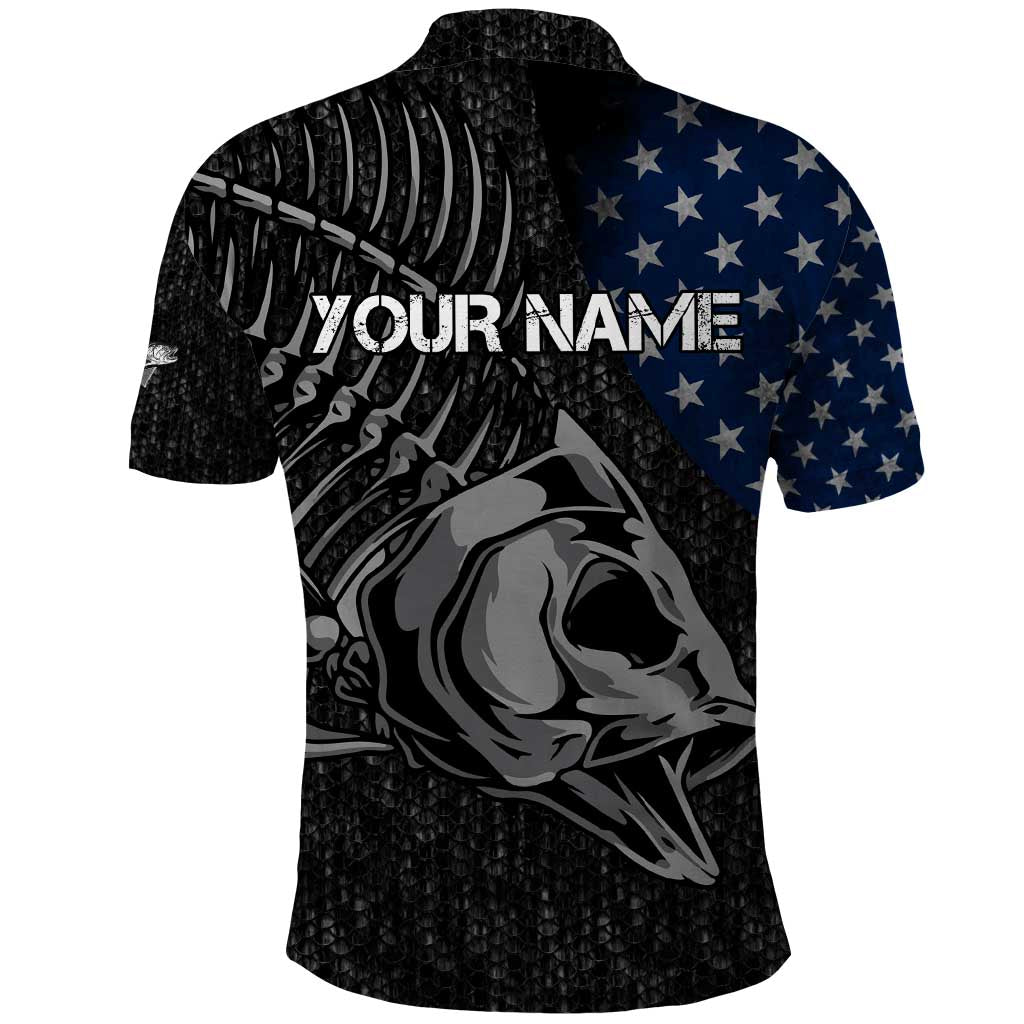 Walleye Fishing Skeleton Personalized Polo Shirt Grunge American Flag and Realistic Fish Graphic TS04