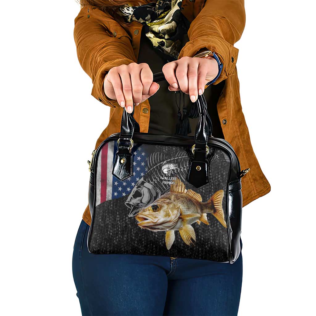 Walleye Fishing Skeleton Personalized Shoulder Handbag Grunge American Flag and Realistic Fish Graphic TS04