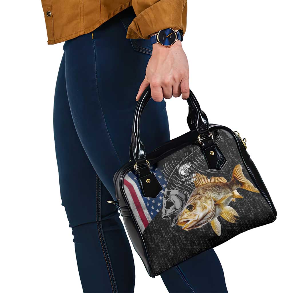 Walleye Fishing Skeleton Personalized Shoulder Handbag Grunge American Flag and Realistic Fish Graphic TS04