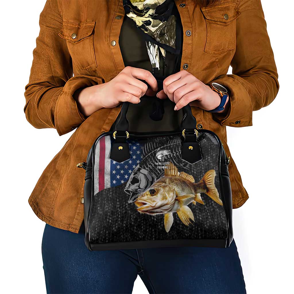 Walleye Fishing Skeleton Personalized Shoulder Handbag Grunge American Flag and Realistic Fish Graphic TS04