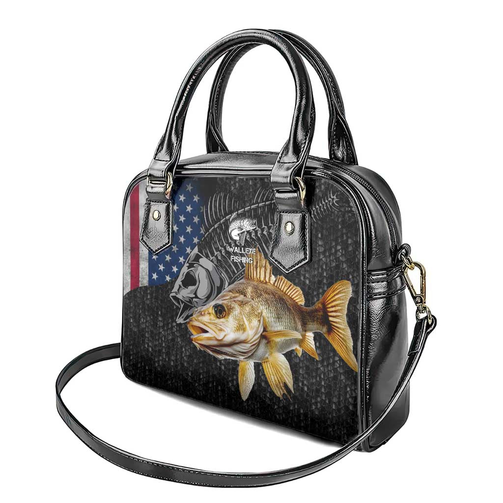 Walleye Fishing Skeleton Personalized Shoulder Handbag Grunge American Flag and Realistic Fish Graphic TS04