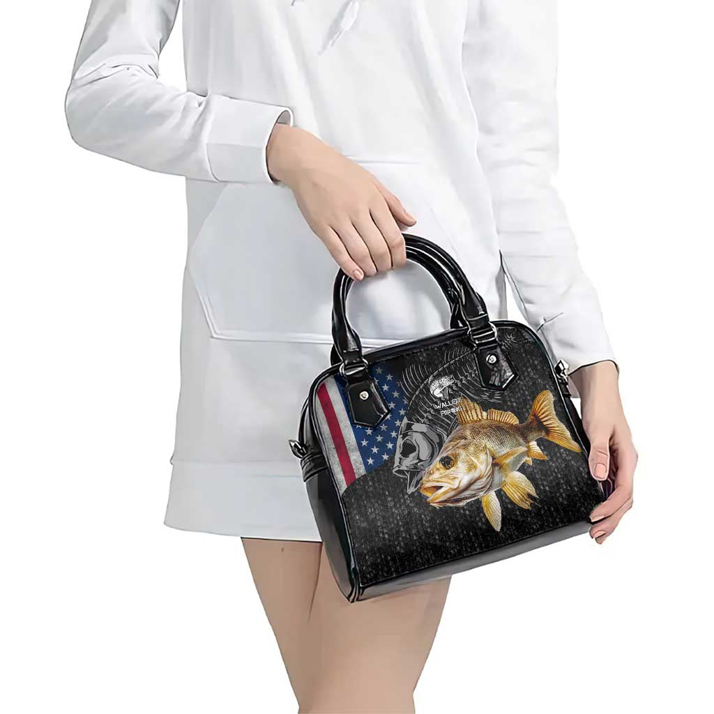 Walleye Fishing Skeleton Personalized Shoulder Handbag Grunge American Flag and Realistic Fish Graphic TS04