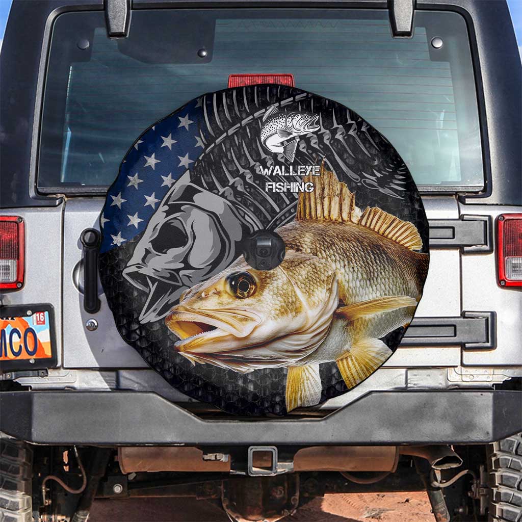 Walleye Fishing Skeleton Personalized Spare Tire Cover Grunge American Flag and Realistic Fish Graphic TS04