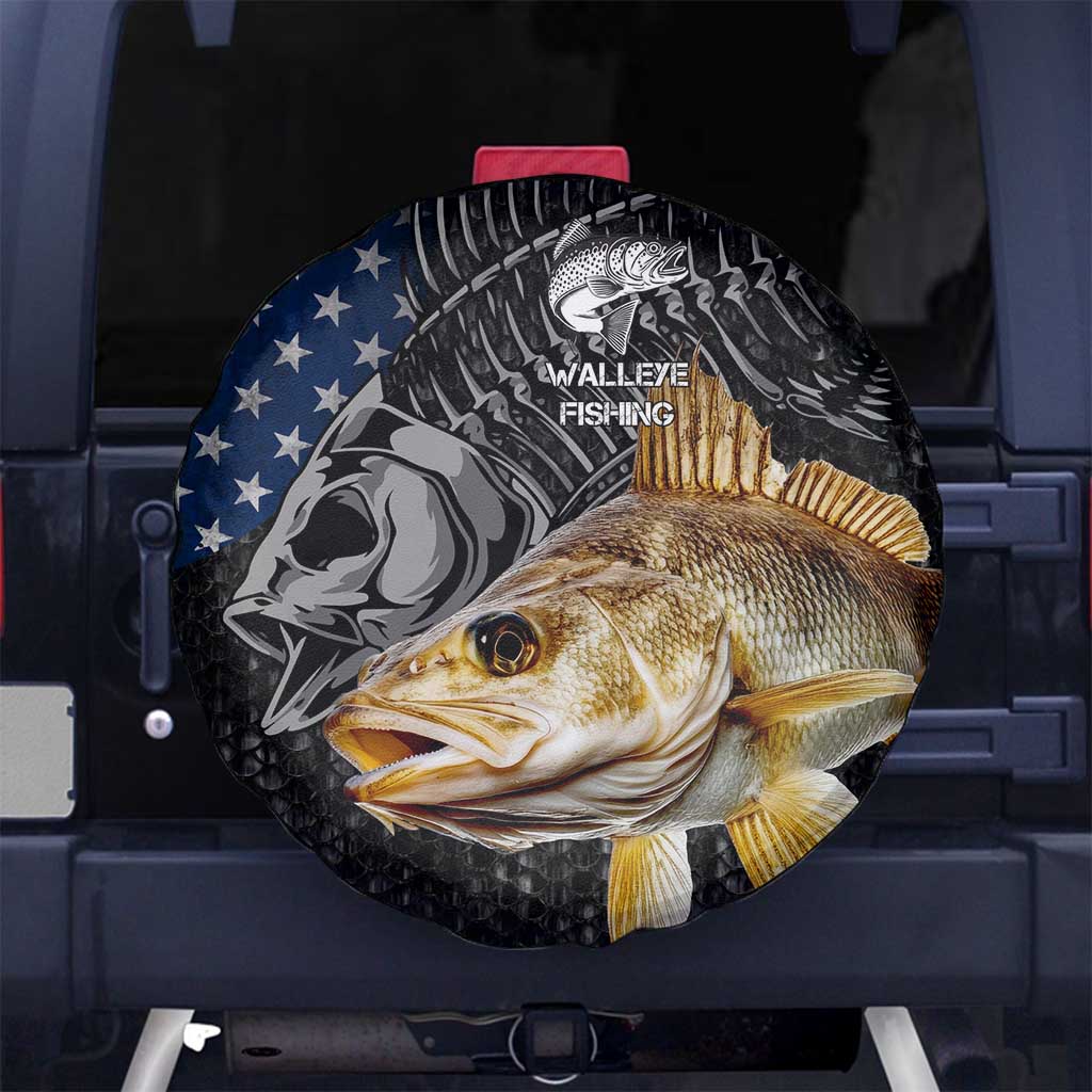 Walleye Fishing Skeleton Personalized Spare Tire Cover Grunge American Flag and Realistic Fish Graphic TS04