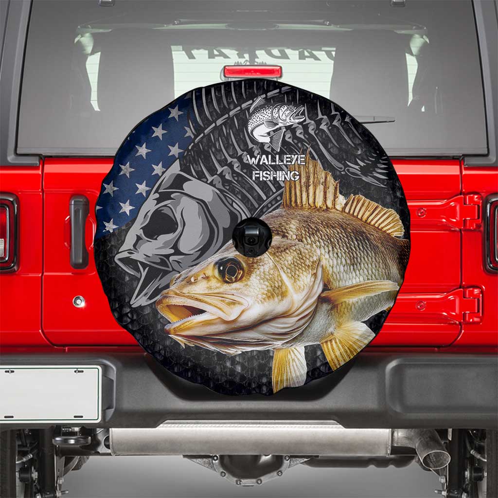 Walleye Fishing Skeleton Personalized Spare Tire Cover Grunge American Flag and Realistic Fish Graphic TS04
