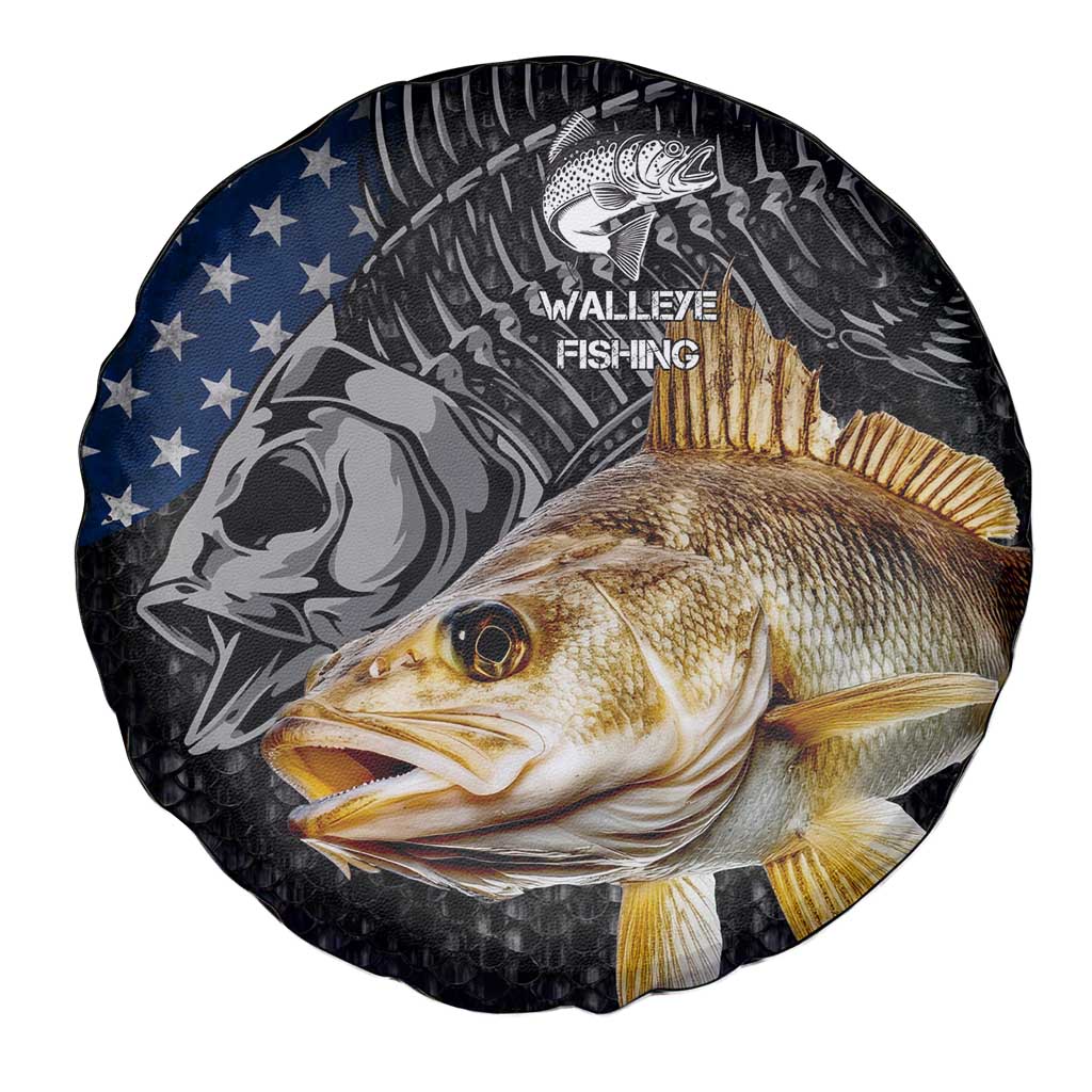Walleye Fishing Skeleton Personalized Spare Tire Cover Grunge American Flag and Realistic Fish Graphic TS04