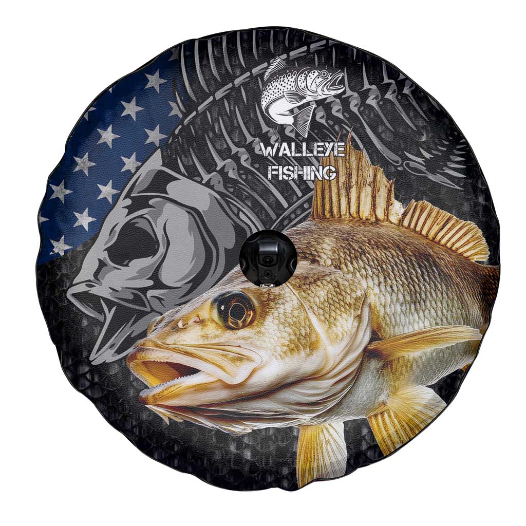 Walleye Fishing Skeleton Personalized Spare Tire Cover Grunge American Flag and Realistic Fish Graphic TS04