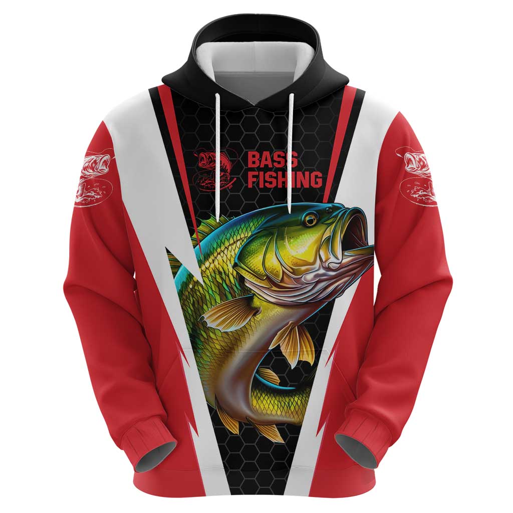 Bass Fishing Personalized Hoodie Bold Red and Black Lightning Pattern and Honeycomb Background TS04