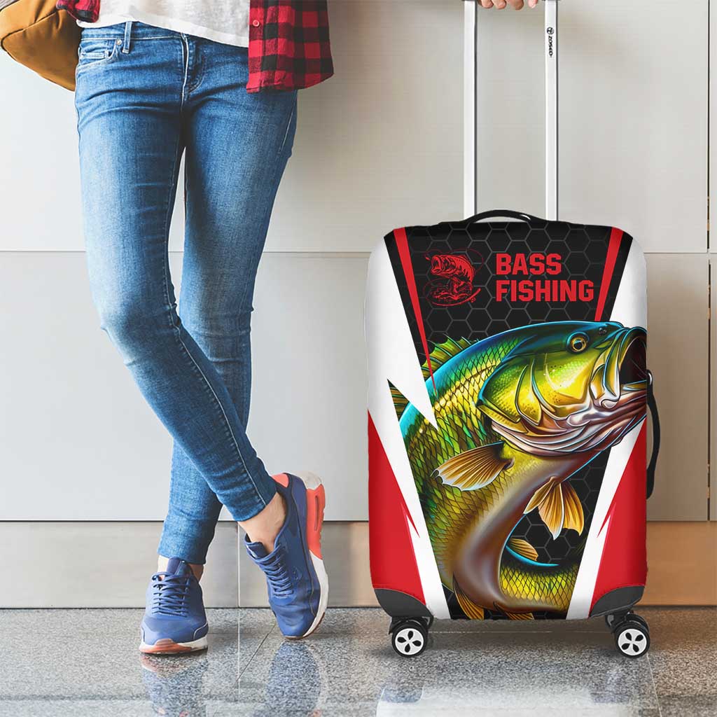 Bass Fishing Personalized Luggage Cover Bold Red and Black Lightning Pattern and Honeycomb Background TS04