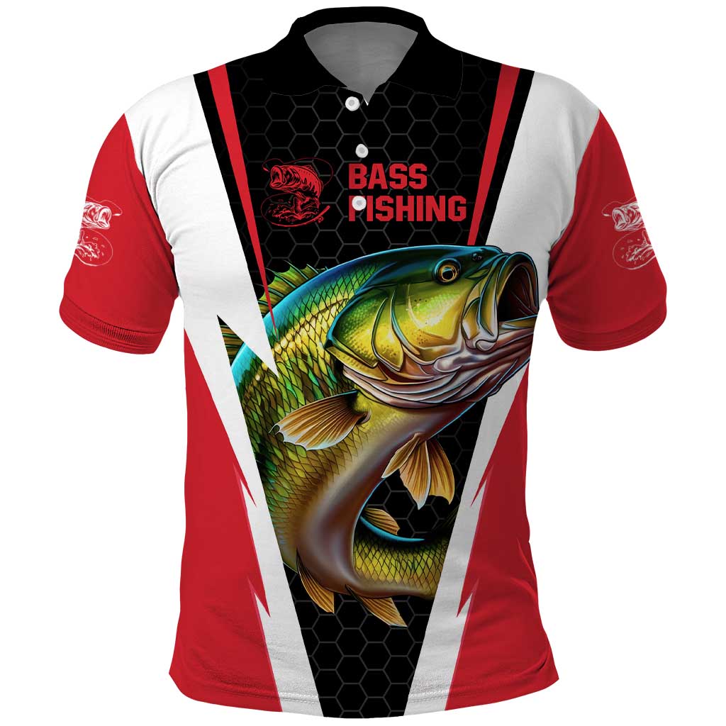 Bass Fishing Personalized Polo Shirt Bold Red and Black Lightning Pattern and Honeycomb Background TS04